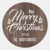 Rustiek Hout Eenvoudig Elegant Kerstgezin Ronde Sticker (Voorkant)