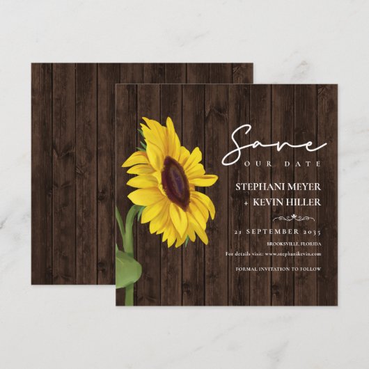 Rustiek Hout Eenvoudige Zonnebloem Huwelijk Save The Date (Voorkant / Achterkant)