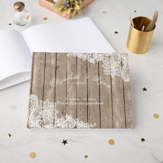 Rustiek Hout, Elegant Kant, Douane, Gastenboek (Voorkant open)