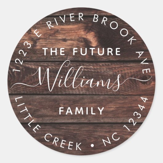 Rustiek hout | Elegante moderne toekomst Mr en Mrs Ronde Sticker (Voorkant)