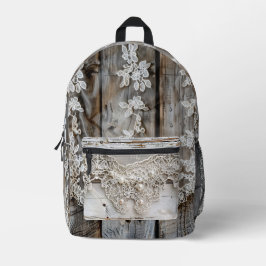 Rustiek hout en antieke kant bedrukte rugzak
