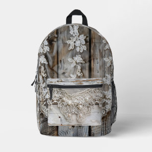 Rustiek hout en antieke kant bedrukte rugzak
