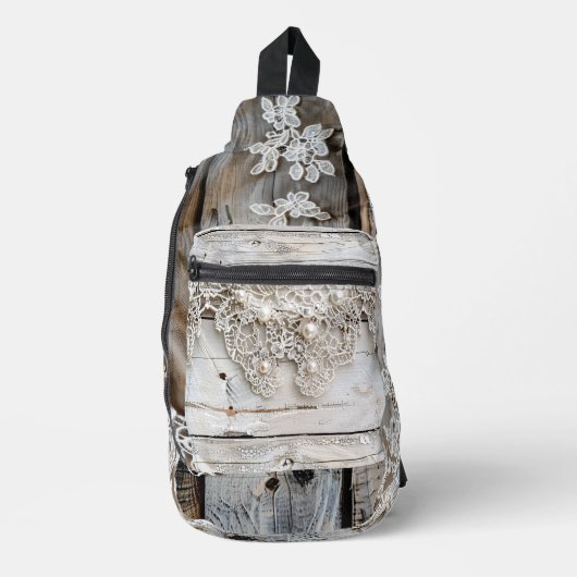 Rustiek hout en antieke kant sling bag (Voorkant)