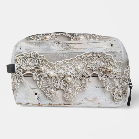 Rustiek hout en antieke kant toilettasje (Voorkant)