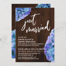 Rustiek hout en blauwe hortensia net getrouwd kaart