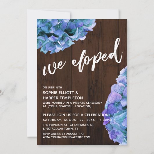 Rustiek hout en blauwe Hortensia We zijn weggelope Kaart (Voorkant)