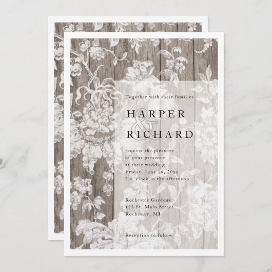 Rustiek hout en bloemen moderne bruiloft uitnodigi kaart (Voorkant / Achterkant)