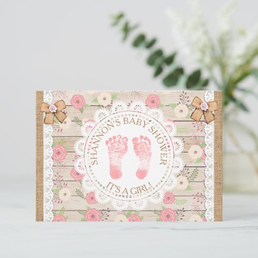 Rustiek hout en bloemen roze en bruin Baby shower Kaart (Staand voorkant)