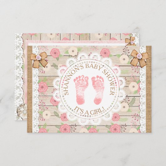 Rustiek hout en bloemen roze en bruin Baby shower Kaart (Voorkant / Achterkant)