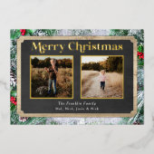 Rustiek hout en Evergreens Kerstmis Foto Folie Feestdagenkaart (Voorkant)