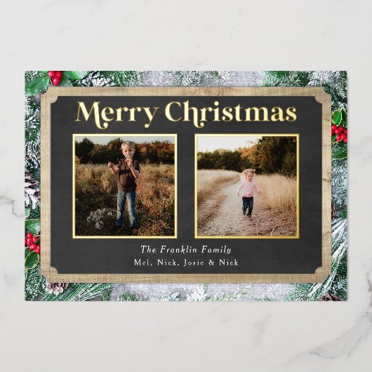 Rustiek hout en Evergreens Kerstmis Foto Folie Feestdagenkaart (Voorkant)