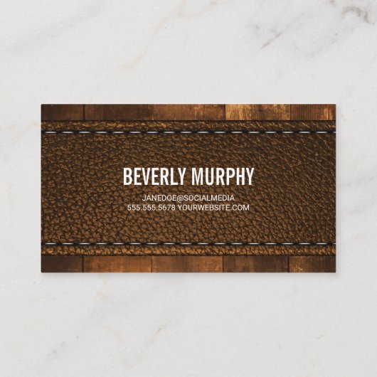 Rustiek Hout en Gestikt Leer Visitekaartje (Achterkant)