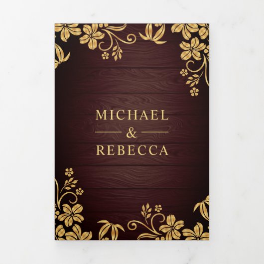 Rustiek hout en goudfolie bloemblaadjes bruiloft drieluik uitnodiging (Cover)
