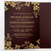 Rustiek hout en goudfolie bloemblaadjes bruiloft drieluik uitnodiging (Binnenzijde eerst)