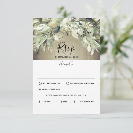 Rustiek hout en groen bruiloft RSVP Kaartje (Staand voorkant)