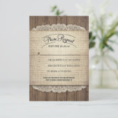 Rustiek hout en jute kant bruiloft RSVP kaarten (Staand voorkant)