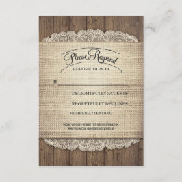 Rustiek hout en jute kant bruiloft RSVP kaarten Kaartje