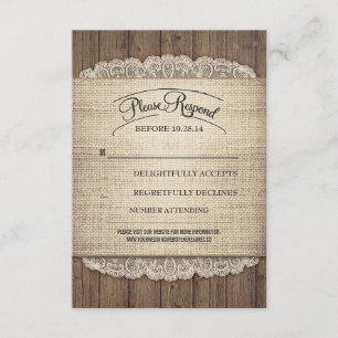 Rustiek hout en jute kant bruiloft RSVP kaarten Kaartje