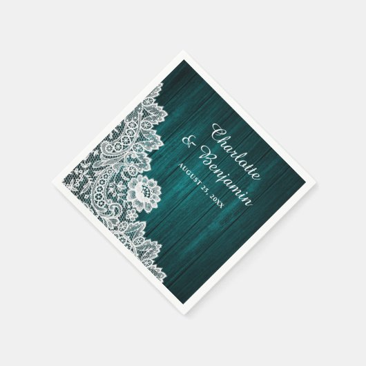 Rustiek Hout en Kant Blauwgroen Bruiloft Servetten (Hoek)