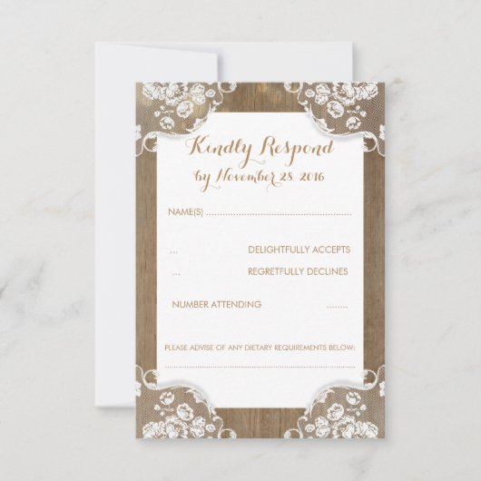 Rustiek hout en kant bruiloft RSVP (Voorkant)