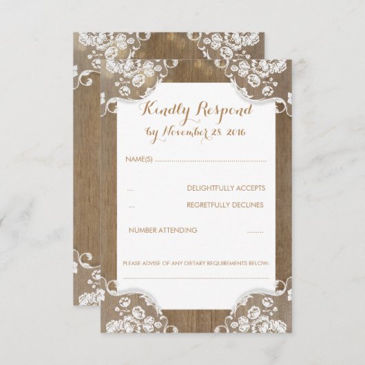 Rustiek hout en kant bruiloft RSVP (Voorkant / Achterkant)