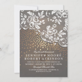 Rustiek Hout en Kant Goud Confetti Elegante bruilo Kaart