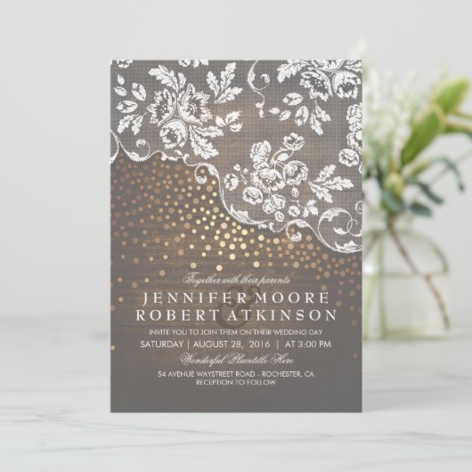 Rustiek Hout en Kant Goud Confetti Elegante bruilo Kaart (Staand voorkant)