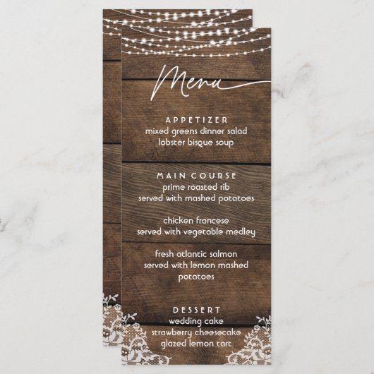 Rustiek Hout en Kant Land Bruiloft Flat Menu (Voorkant / Achterkant)