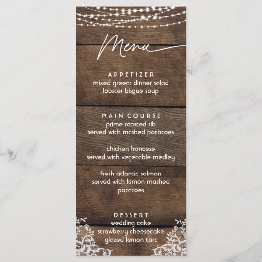 Rustiek Hout en Kant Land Bruiloft Flat Menu (Voorkant)