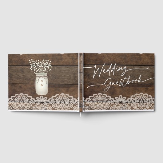 Rustiek hout en kant land bruiloft gastenboek (Volledig)