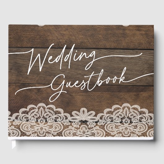 Rustiek hout en kant land bruiloft gastenboek (Voorkant)