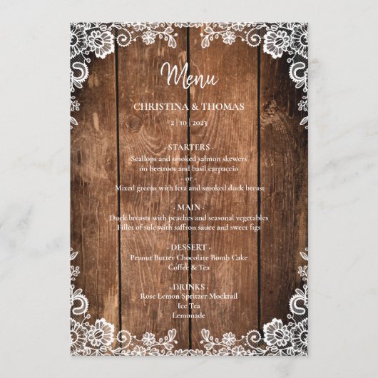 Rustiek hout en kant land bruiloft menu (Voorkant)