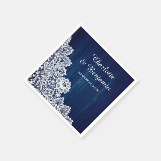 Rustiek hout en kant marine blauwe bruiloft servet (Hoek)