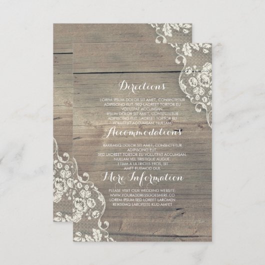Rustiek Hout en Kant Trouwinformatie Details Informatiekaartje (Voorkant / Achterkant)