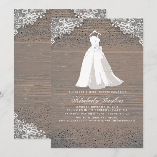 Rustiek hout en kant | Wedding Gown Vrijgezellenfe Kaart (Voorkant / Achterkant)