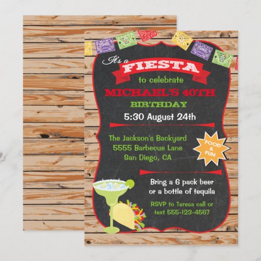 Rustiek hout en krijtbord Mexicaanse Fiesta Verjaa Kaart (Voorkant / Achterkant)
