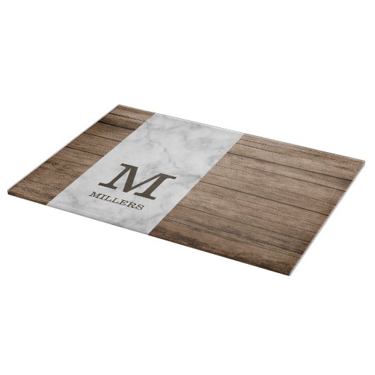 Rustiek Hout en Marmer Familienaam Monogrammed Snijplank (Hoek)