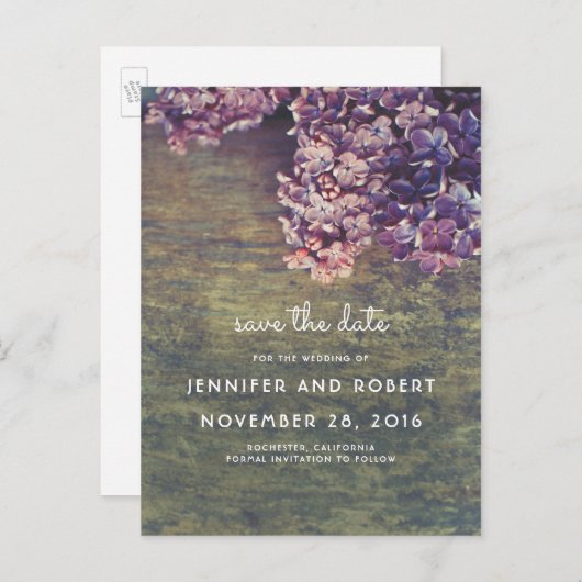 Rustiek Hout en Paarse Lilacs Floral Save the Date Aankondigingskaart (Voorkant / Achterkant)