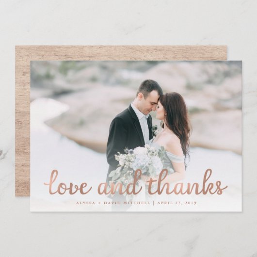 Rustiek Hout en Roos Gouden Trouwfoto Dank u Bedankkaart (Voorkant / Achterkant)