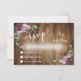 Rustiek hout en roze bloemen met typografie RSVP kaartje