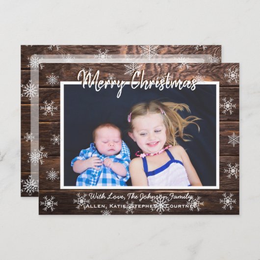 Rustiek Hout en Sneeuwvlokken Foto Kerst Kaart (Voorkant / Achterkant)
