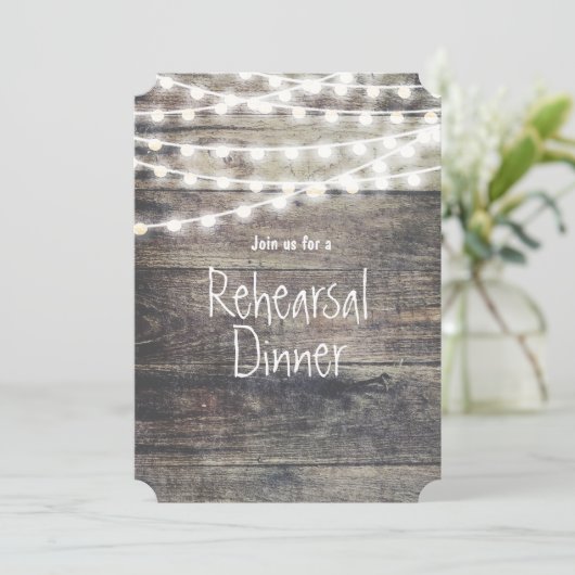 Rustiek hout en strijklichten repetitie diner kaart (Staand voorkant)