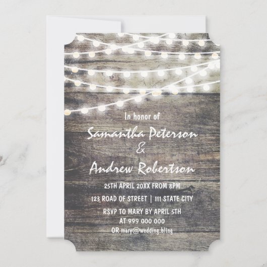 Rustiek hout en strijklichten repetitie diner kaart (Achterkant)