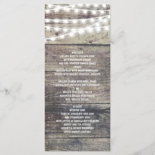 Rustiek hout en string lichten bruiloft menu (Achterkant)