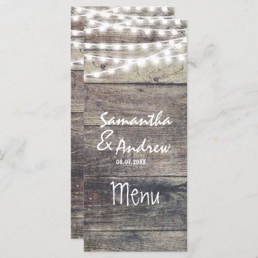Rustiek hout en string lichten bruiloft menu (Voorkant / Achterkant)
