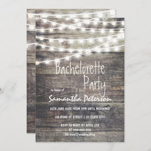 Rustiek hout en string lichten vrijgezellenfeest kaart (Voorkant / Achterkant)