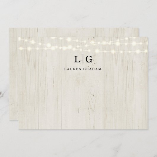Rustiek hout en String Lights Monogram Initiaal Notitiekaartje (Voorkant / Achterkant)