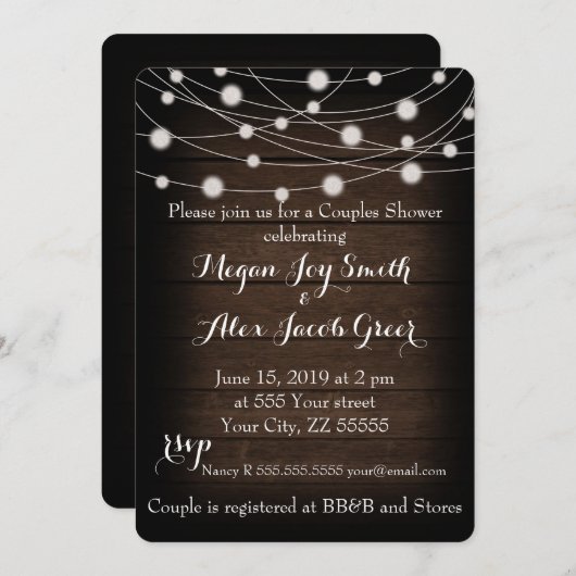 Rustiek Hout en String Lights Paren Douche Kaart (Voorkant / Achterkant)