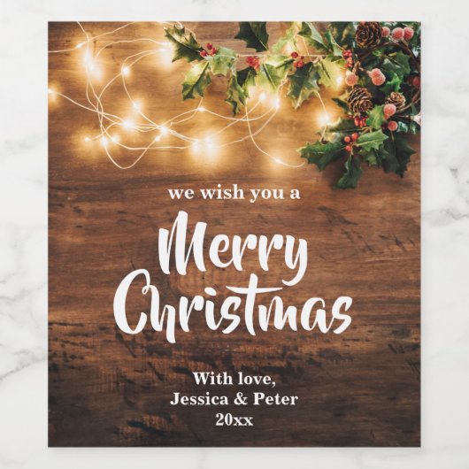 Rustiek hout en verlichting Merry Christmas Wijn l Wijn Etiket (Enkel label)