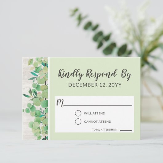 Rustiek hout & Eucalyptus bruiloft uitnodiging RSV (Staand voorkant)